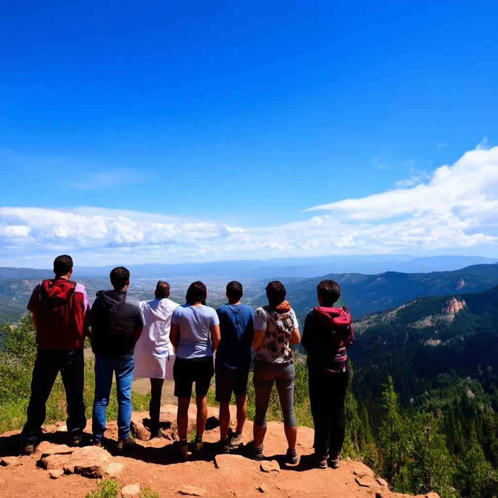 A group of tourists stand on a hilltop overlooking a valley with mountains in the background.